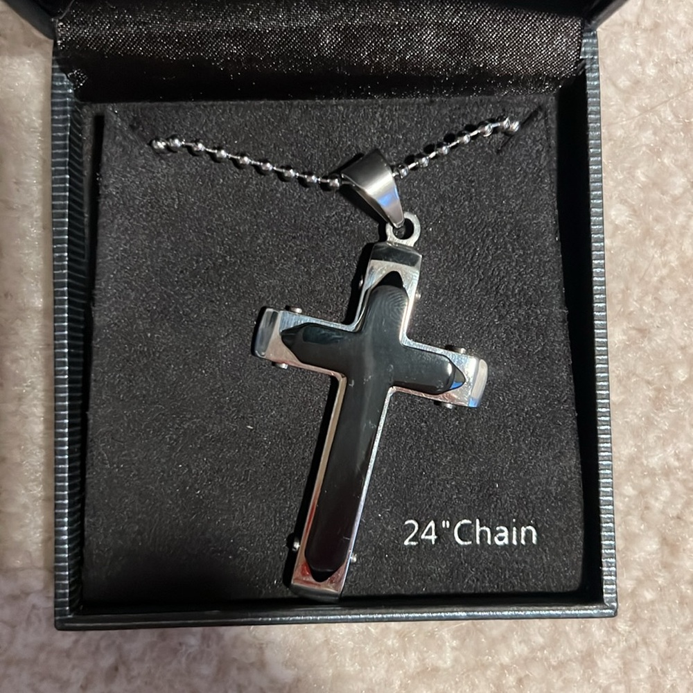 Men’s stainless steel cross necklace - 2 tone black & silver